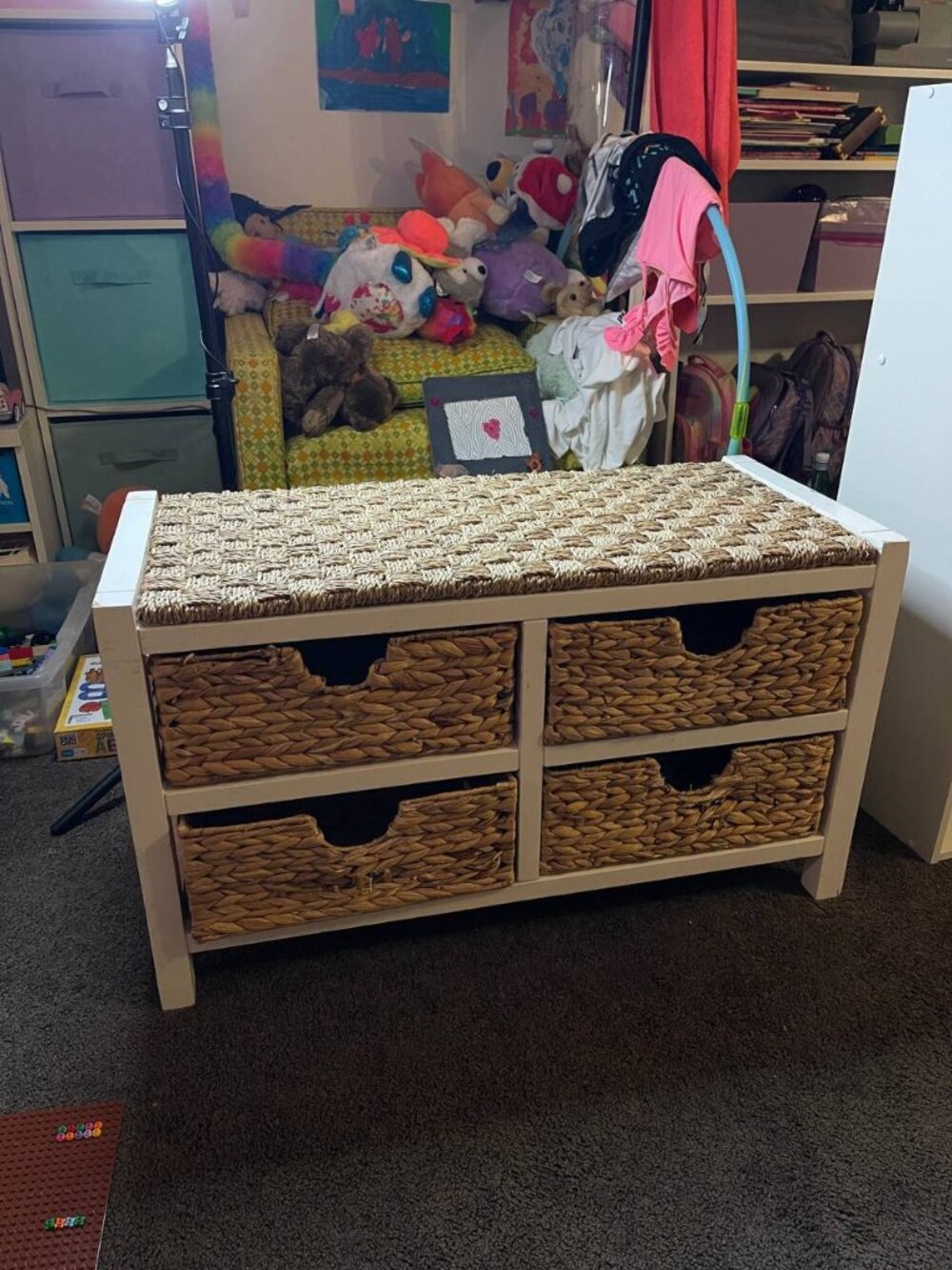 Storage Bench with 4 Wicker Baskets – White & Natural